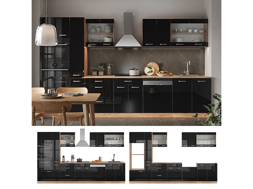 Cuisine noir brillant/chêne doré 350x60x81.6 r-line