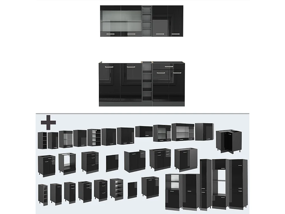 Cocina para solteros negro/antracita de alto brillo 160x46x81.6 r-line