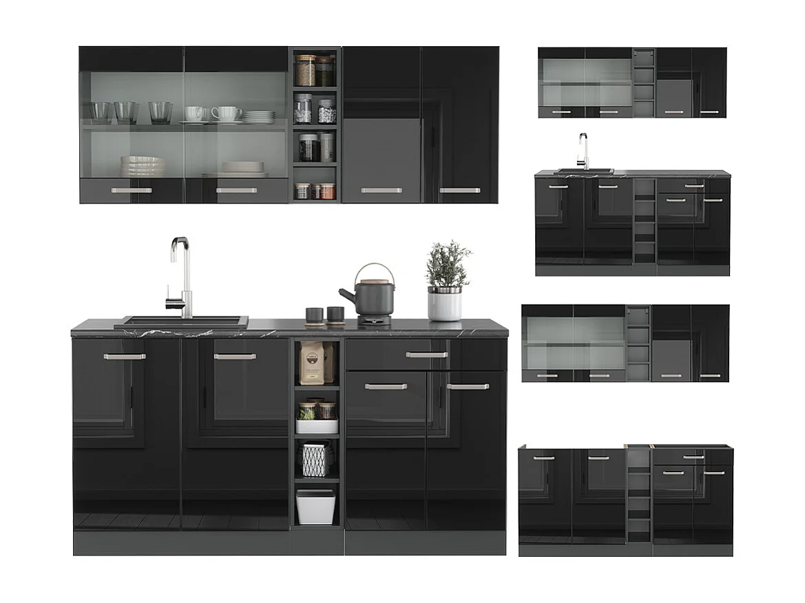 Cocina para solteros negro/antracita de alto brillo 160x46x81.6 r-line