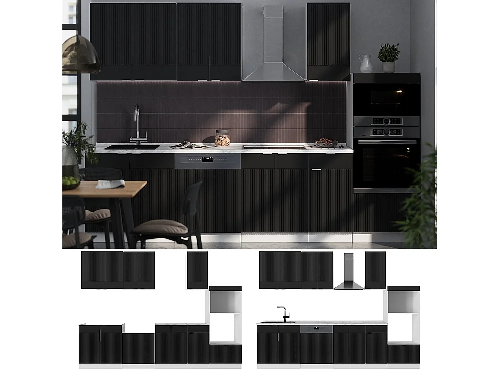 Mueble de cocina negro a rayas/blanco 300x46x81.6 fame-line