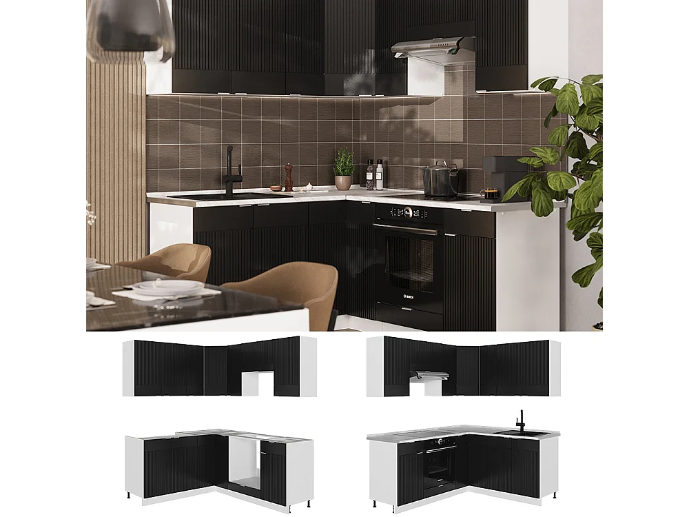 Cuisine en angle noir rayé/blanc 190x60x81.6 fame-line