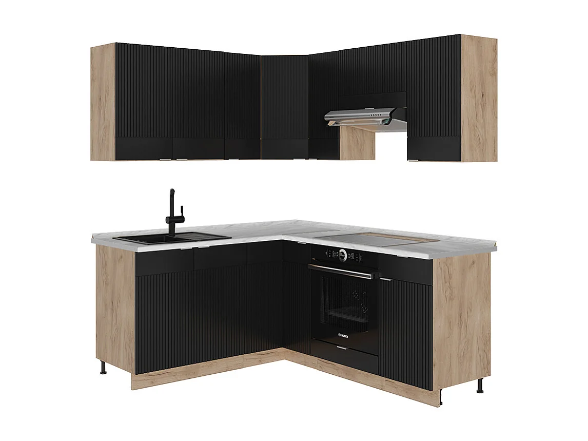 Cuisine en angle noir rayé/chêne doré 190x60x81.6 fame-line