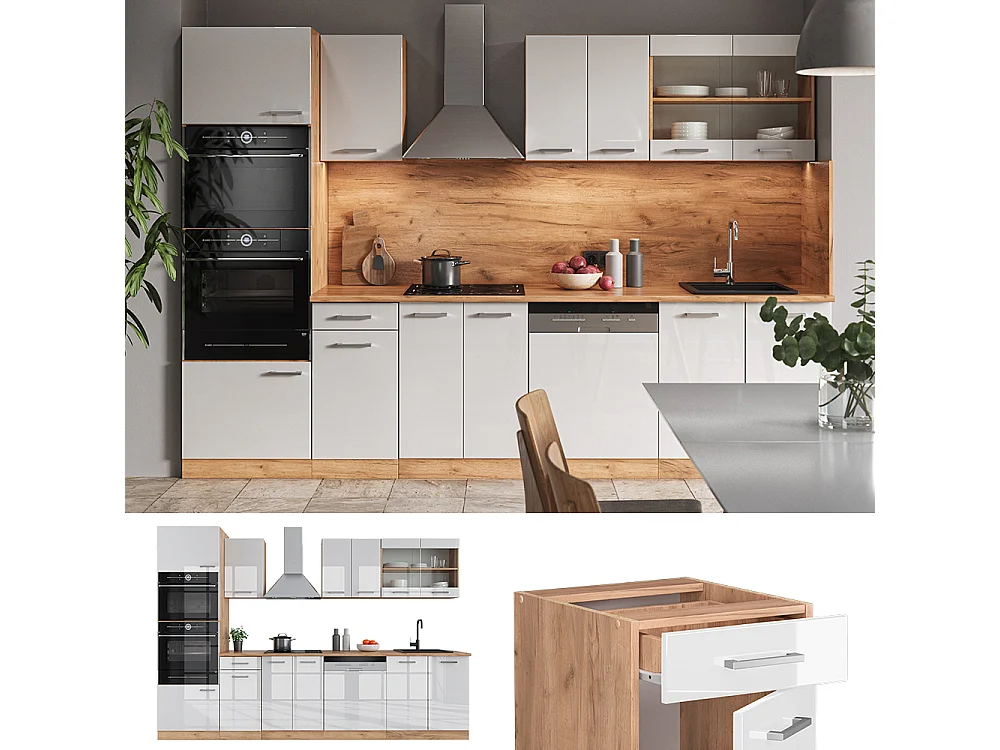 Cucina componibile bianco lucido/oro power oak 300x60x81.6 r-line