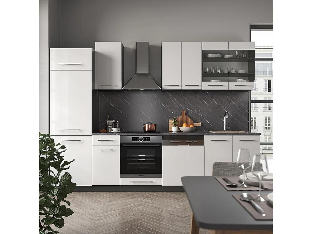 Küchenzeile weiß hochglanz/anthrazit 300x60x81.6 fame-line