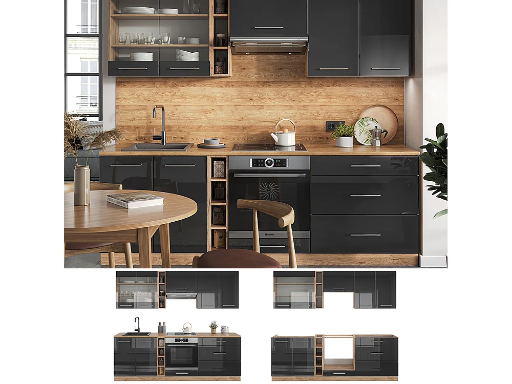 Mueble de cocina antracita brillo intenso/roble dorado eléctrico 235x60x81.6 fame-line