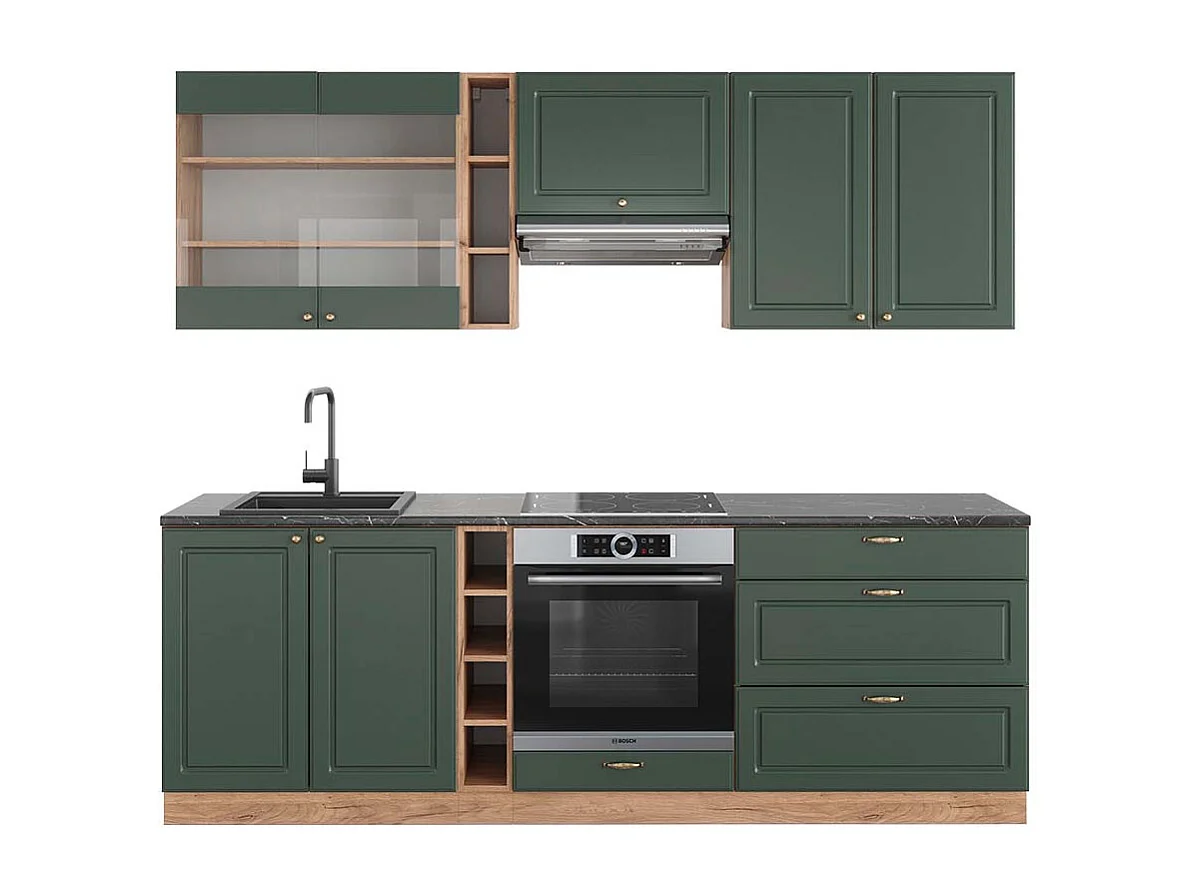 Køkkenrække grøn-guld country/guld power eg 235x60x81.6 fame-line