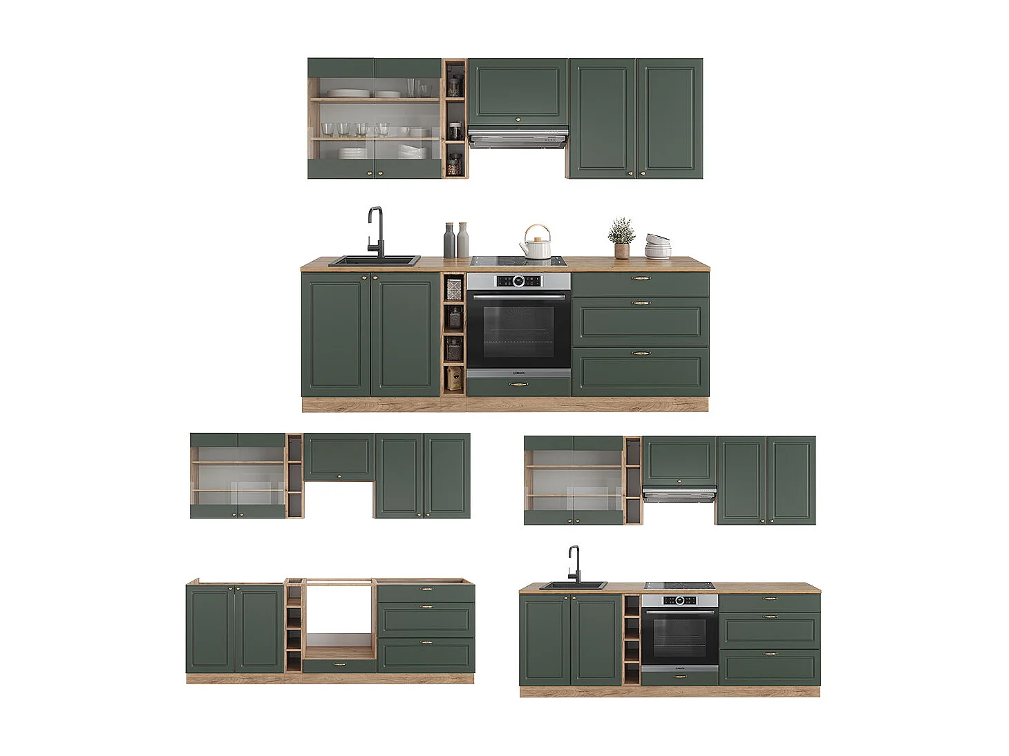 Køkkenrække grøn-guld country/guld power eg 235x60x81.6 fame-line