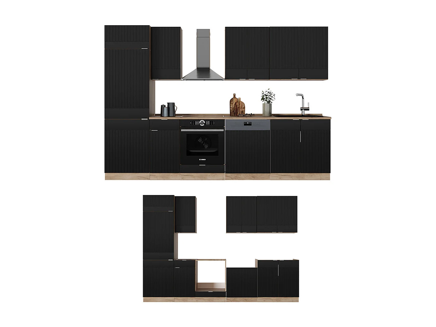 Cuisine noir rayé/chêne doré 300x60x81.6 fame-line