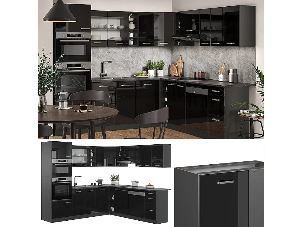Cocina esquinera negro/antracita de alto brillo 247x46x81.6 r-line