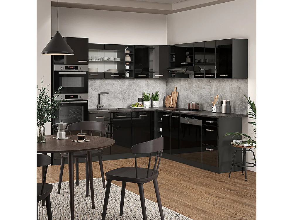 Cuisine en angle noir brillant/anthracite 247x46x81.6 r-line