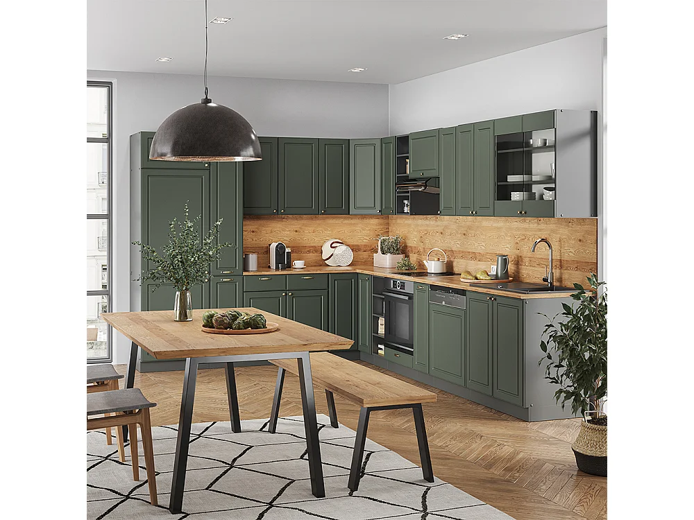 Cocina esquinera verde-dorado casa de campo/antracita 347x46x81.6 fame-line