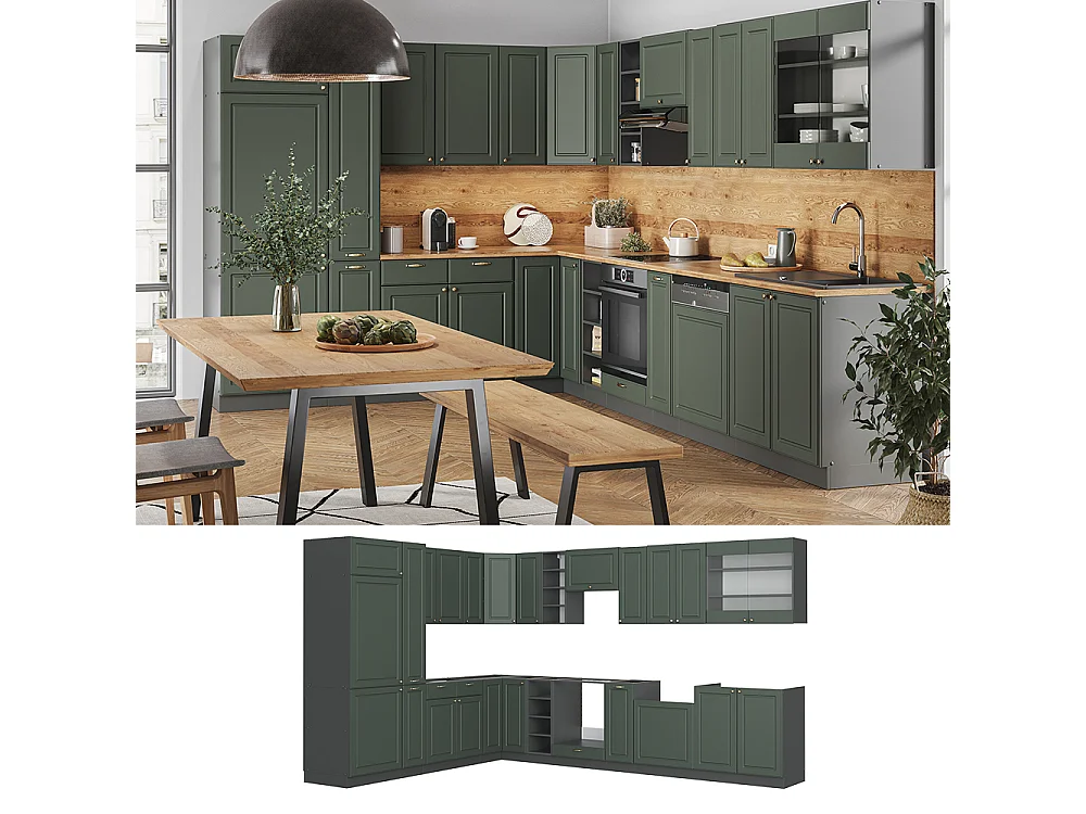 Cocina esquinera verde-dorado casa de campo/antracita 347x46x81.6 fame-line