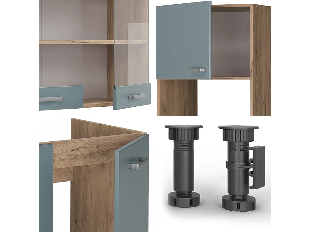 Cocina esquinera roble azul-gris-dorado 247x60x81.6 r-line