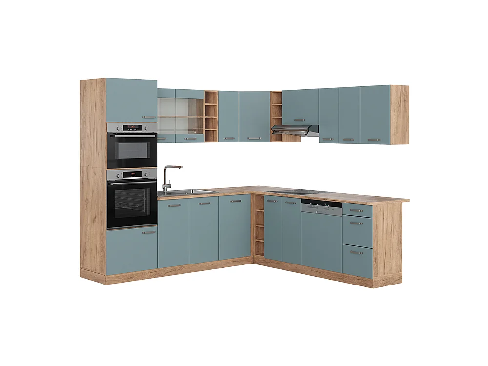 Eckküche blau-grau/goldkraft eiche 247x60x81.6 r-line