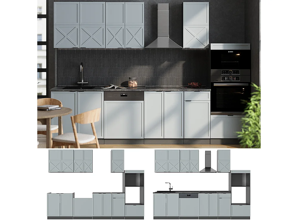 Complete keukeneenheid licht blauw-grijs/antraciet 300x60x81.6 fame-line