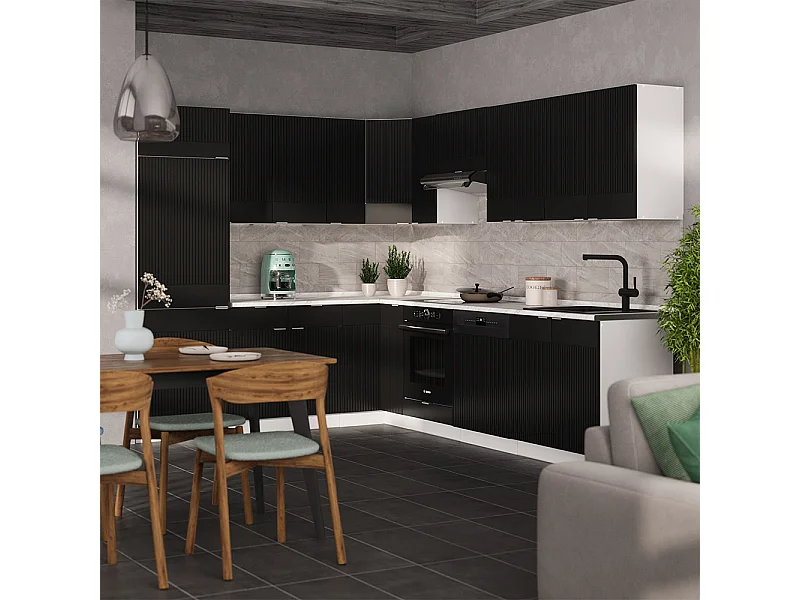 Hoekkeuken zwart gestreept/wit 287x60x81.6 fame-line