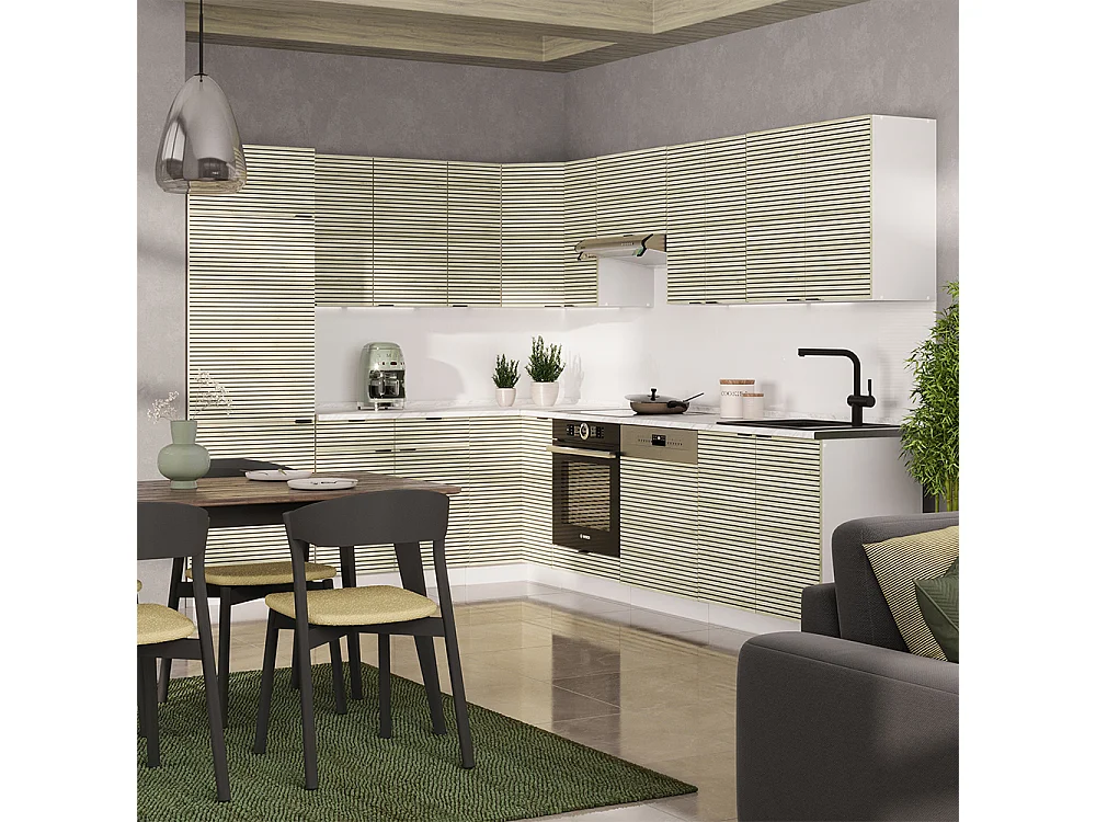 Cuisine en angle chêne lambris/blanc 287x60x81.6 fame-line