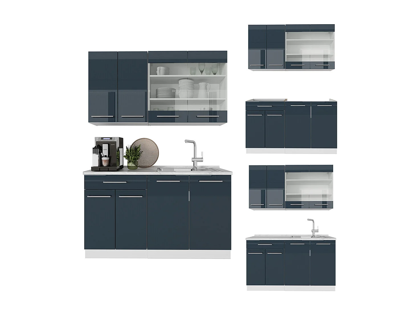 Armoires de cuisine  bleu foncé brillant/blanc 140x60x81.6 fame-line