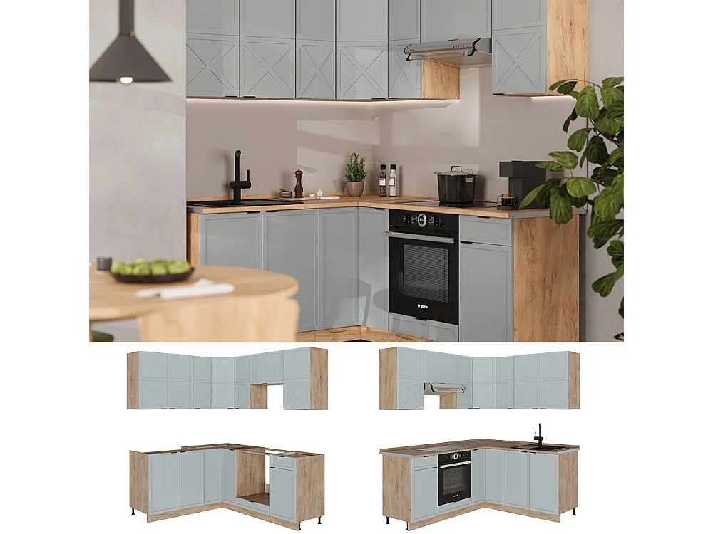 Cuisine en angle bleu clair-gris/chêne force dor 190x60x81.6 fame-line
