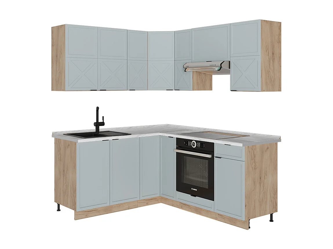 Cuisine en angle bleu clair-gris/chêne force dor 190x60x81.6 fame-line