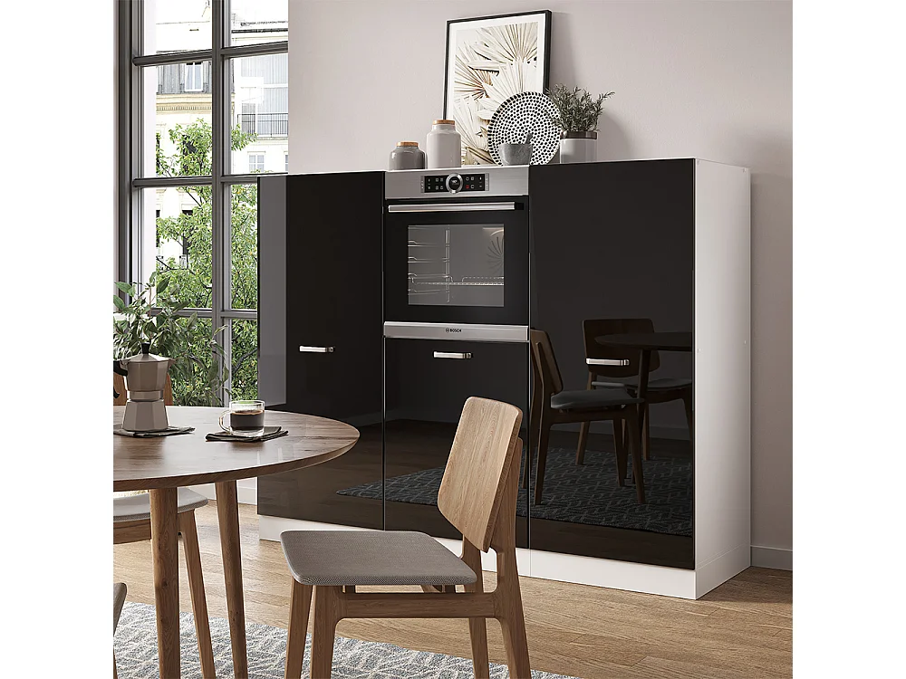Bloc de cuisine noir brillant/blanc 180x46x81.6 r-line