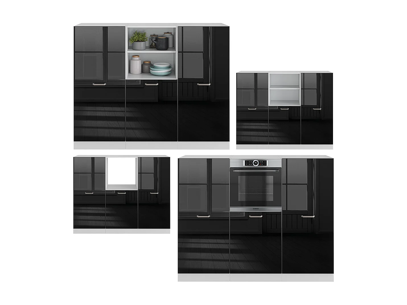 Bloc de cuisine noir brillant/blanc 180x46x81.6 r-line