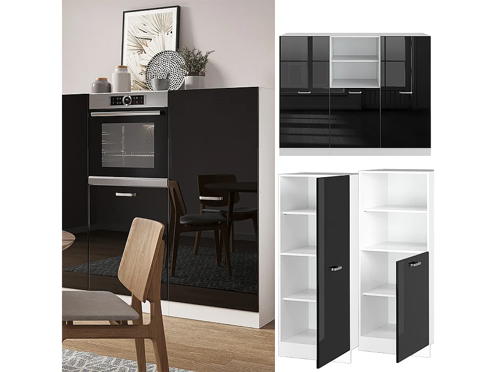 Bloc de cuisine noir brillant/blanc 180x46x81.6 r-line