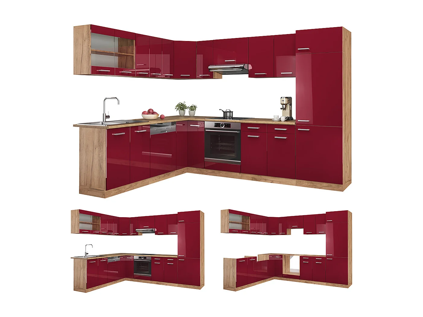 Cucina angolare completa rosso lucido/rovere dorato 287x60x81.6 r-line