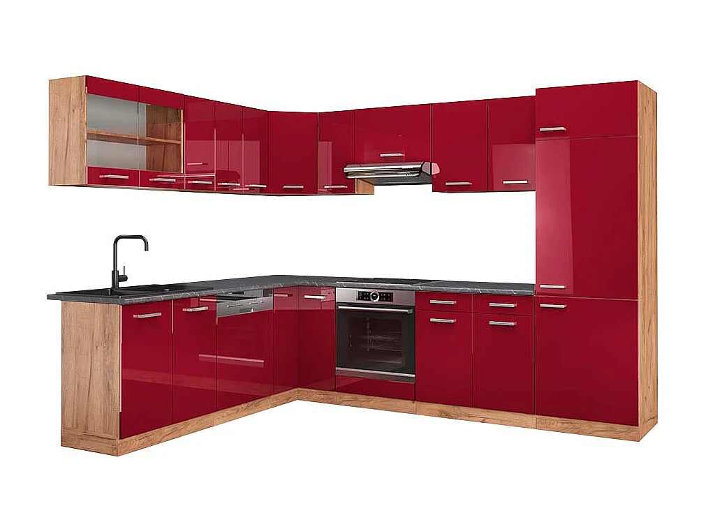 Cuisine en angle rouge brillant/chêne doré 287x60x81.6 r-line