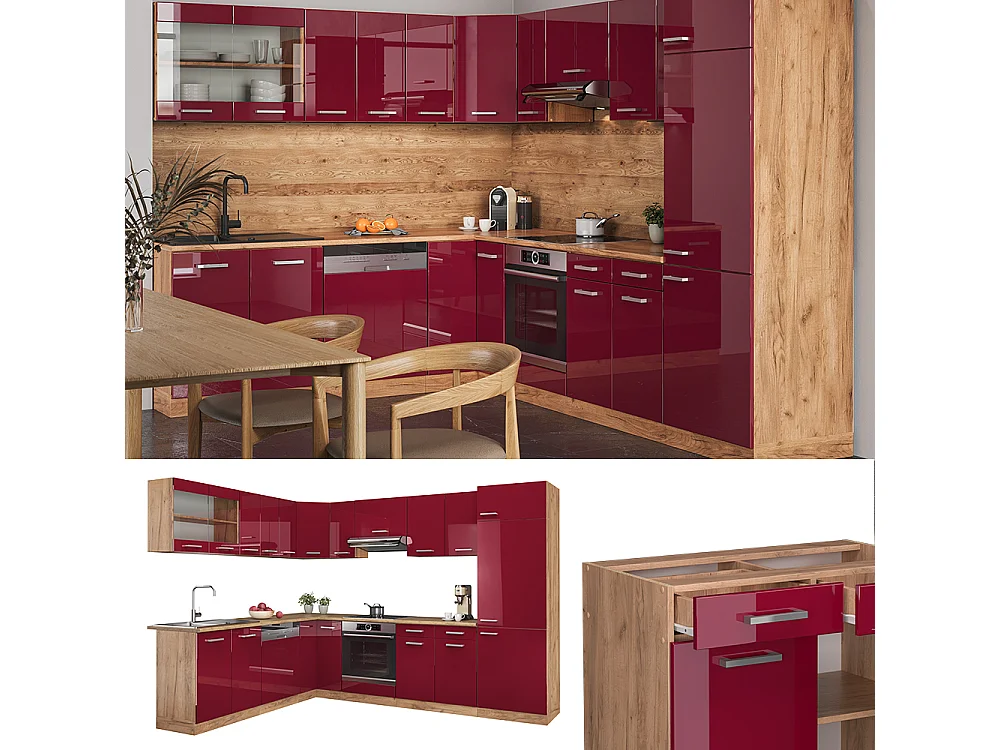 Hjørnekøkken rød højglans/gylden eg 287x60x81.6 r-line