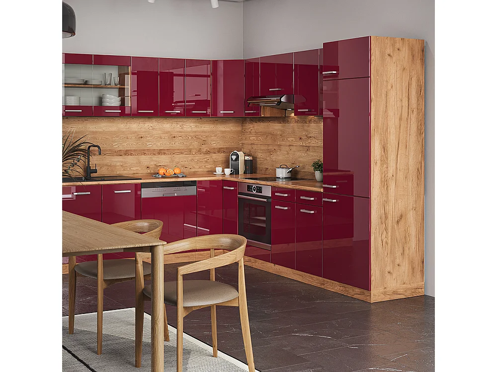 Hjørnekøkken rød højglans/gylden eg 287x60x81.6 r-line