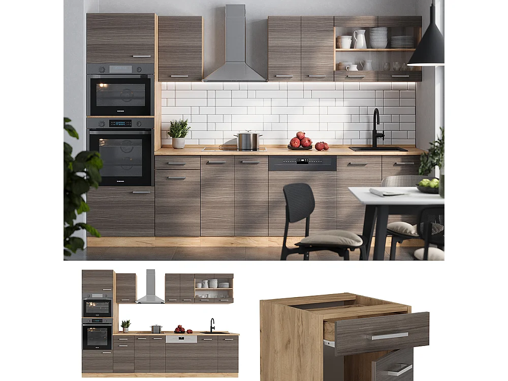 Cucina componibile grigio nobile/rovere dorato 300x60x81.6 r-line