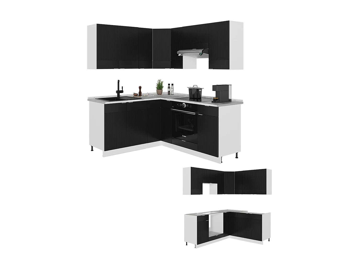 Cuisine en angle noir rayé/blanc 190x60x81.6 fame-line