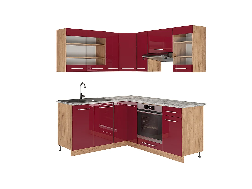 Hjørnekøkken bordeaux højglans/gylden eg 190x46x81.6 fame-line