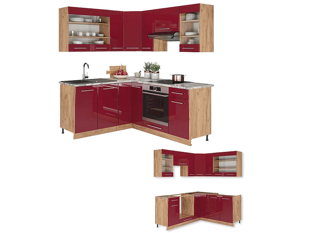Hjørnekøkken bordeaux højglans/gylden eg 190x46x81.6 fame-line