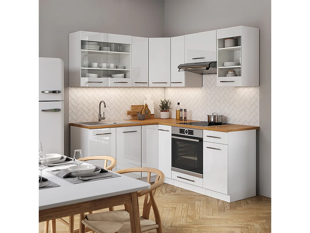 Cocina esquinera blanco alto brillo/blanco 190x60x81.6 fame-line