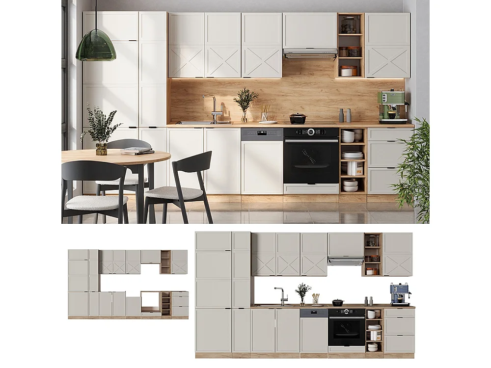 Mueble de cocina gris/beige/roble dorado 355x60x81.6 fame-line
