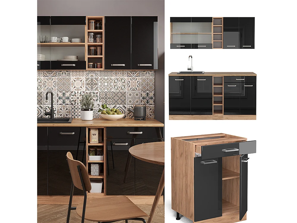 Cuisine noir brillant/chêne doré 160x60x81.6 r-line