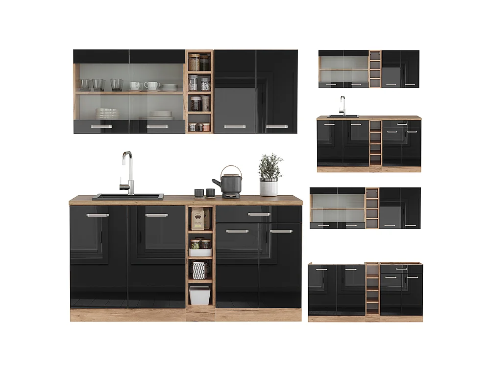 Cuisine noir brillant/chêne doré 160x60x81.6 r-line