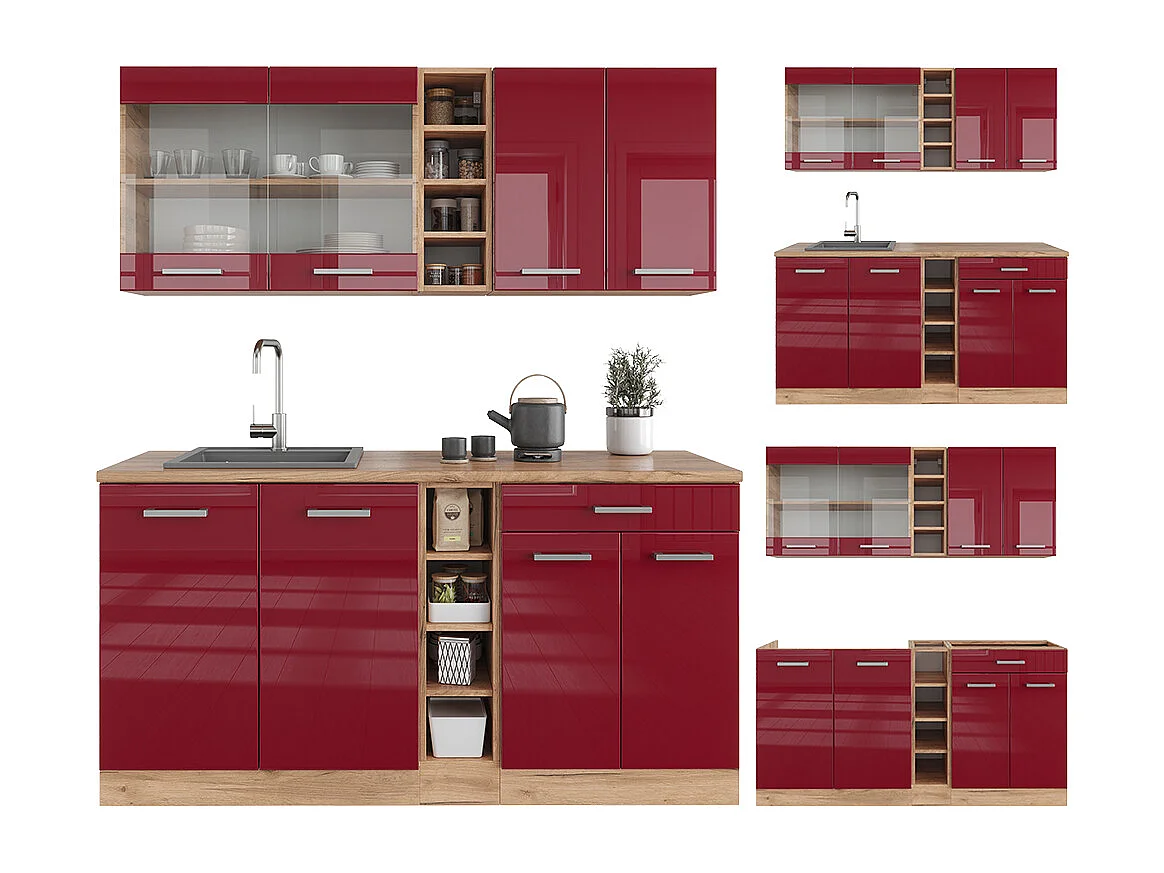 Cuisine rouge brillant/chêne doré 160x46x81.6 r-line