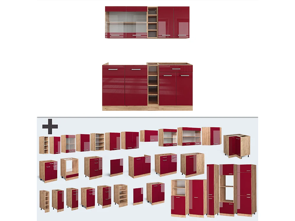 Cuisine rouge brillant/chêne doré 160x46x81.6 r-line