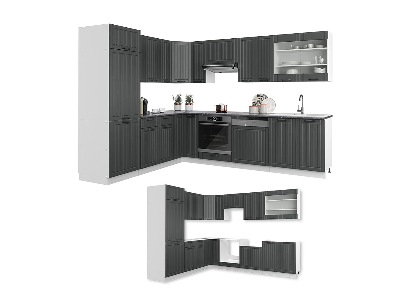Cuisine en angle anthracite maison de campagne/blanc 287x60x81.6 fame-line