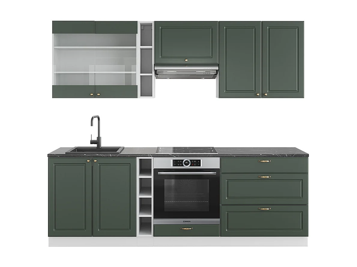 Mueble de cocina verde-dorado casa de campo/blanco 235x60x81.6 fame-line