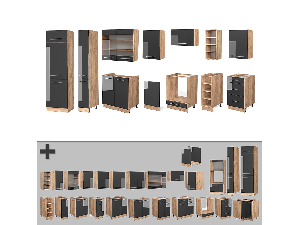 Mueble de cocina antracita brillo intenso/roble dorado eléctrico 355x60x81.6 fame-line