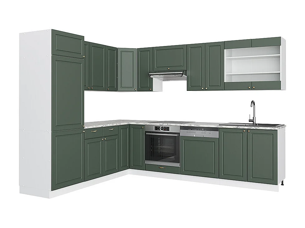 Cuisine en angle vert-or landhaus/blanc 287x60x81.6 fame-line