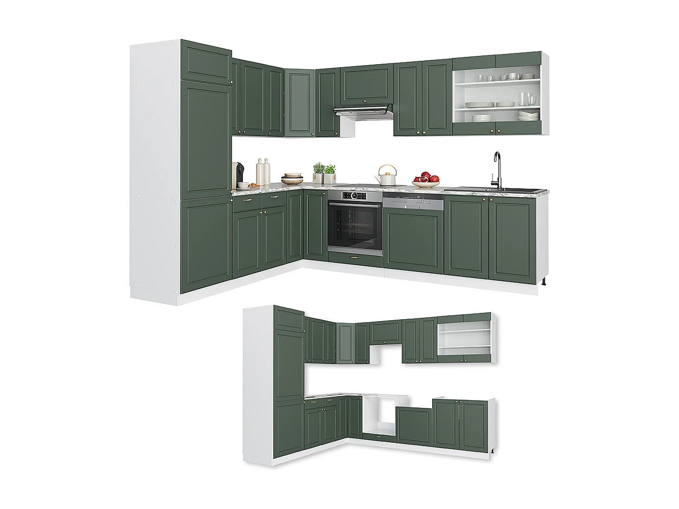 Cuisine en angle vert-or landhaus/blanc 287x60x81.6 fame-line