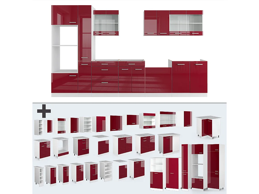 Keukenblok rood hoogglans/wit 350x60x81.6 r-line