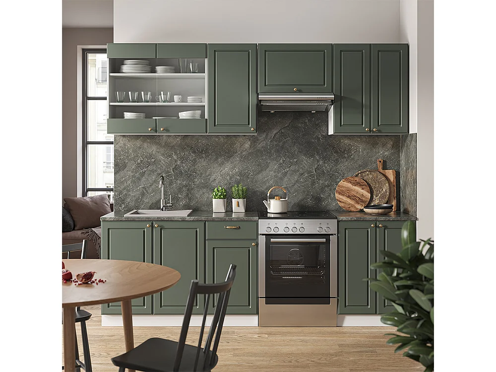 Køkkenrække grøn-guld landhus/hvid 240x46x81.6 fame-line