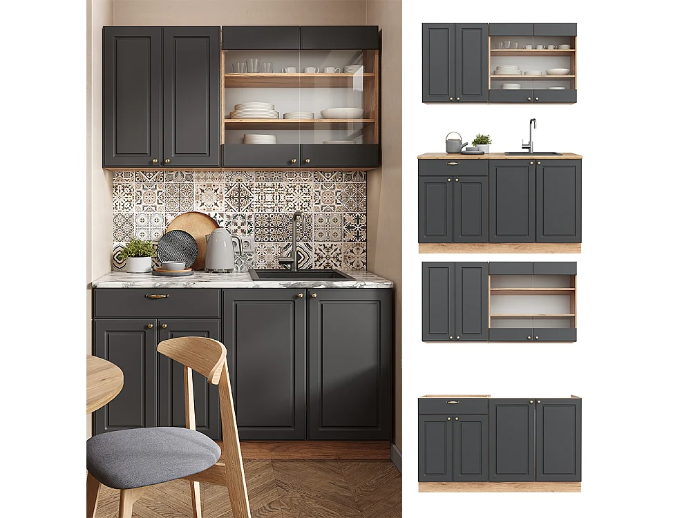 Singlekøkken antracit country house/guld kraft eg 140x60x81.6 fame-line