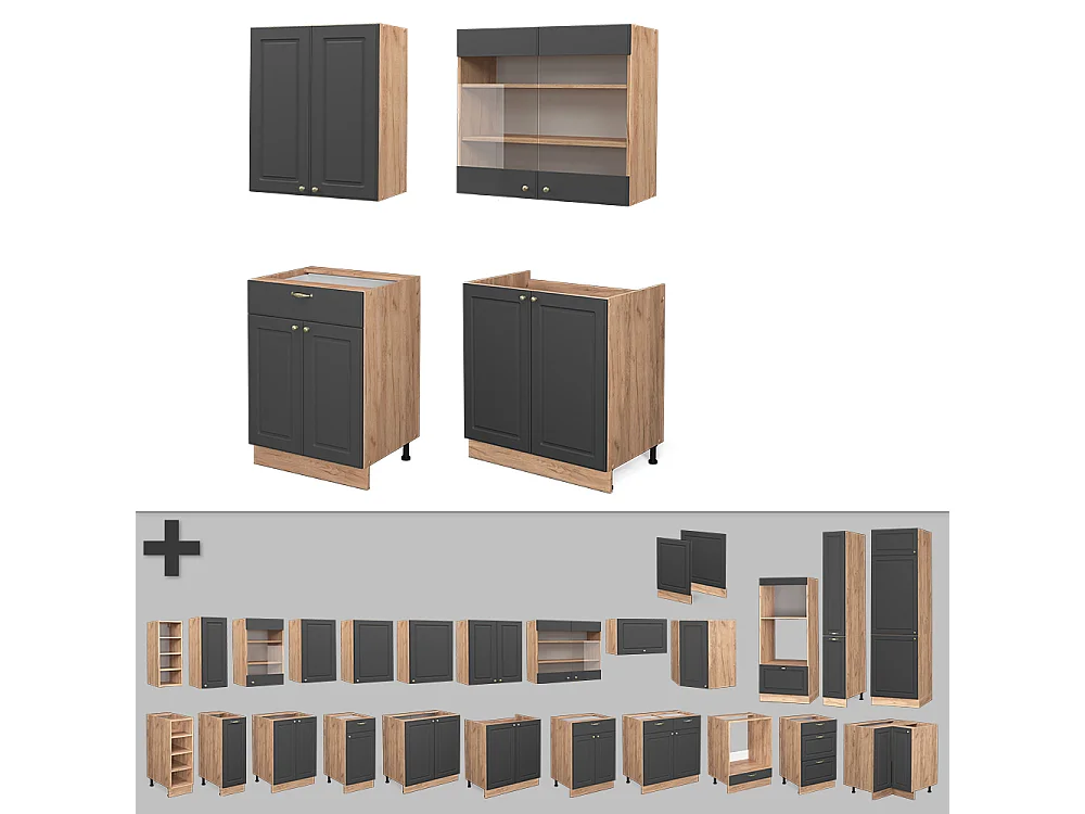 Singlekøkken antracit country house/guld kraft eg 140x60x81.6 fame-line